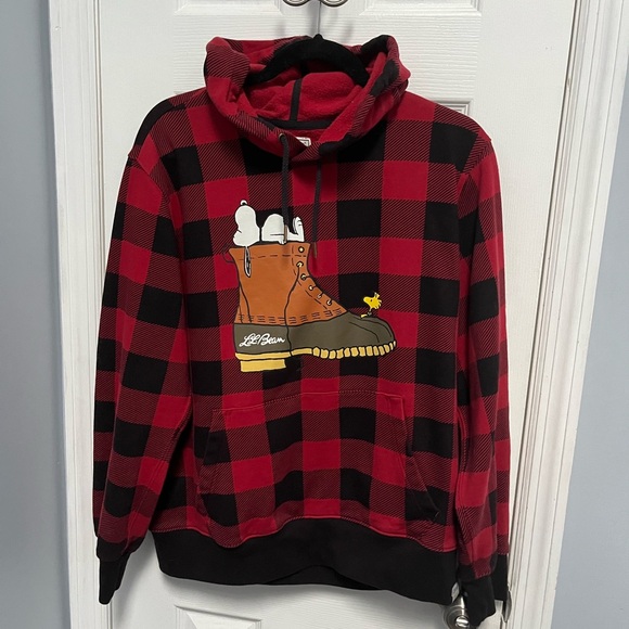 L.L.Bean X Peanuts Snoopy Hoodie Buffalo Plaid Pullover Sweatshirt Men Large - Picture 2 of 16